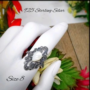 925 Sterling Silver Pear Shape Mother of Pearl Marcasite Ring